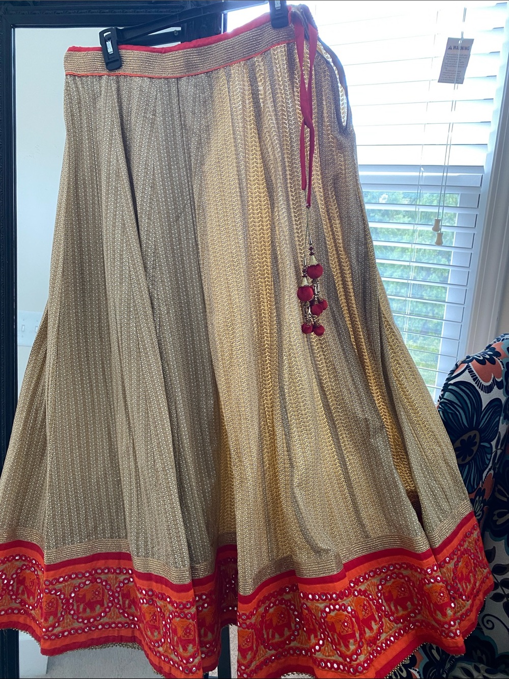 Women’s Embellished Golden Anarkali Skirt with Red Trim